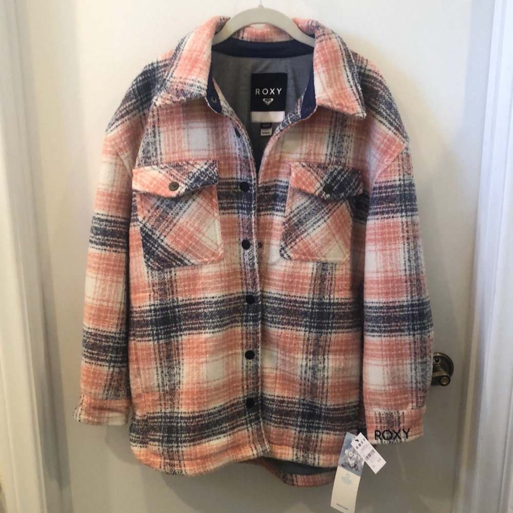 Roxy Pink and Blue Plaid Shacket with Relaxed Fit